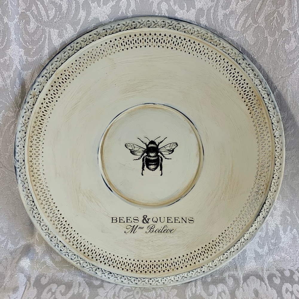 Shabby Chic Bee Plate Hand-painted Distressed Cottage Core 10.5” Decor